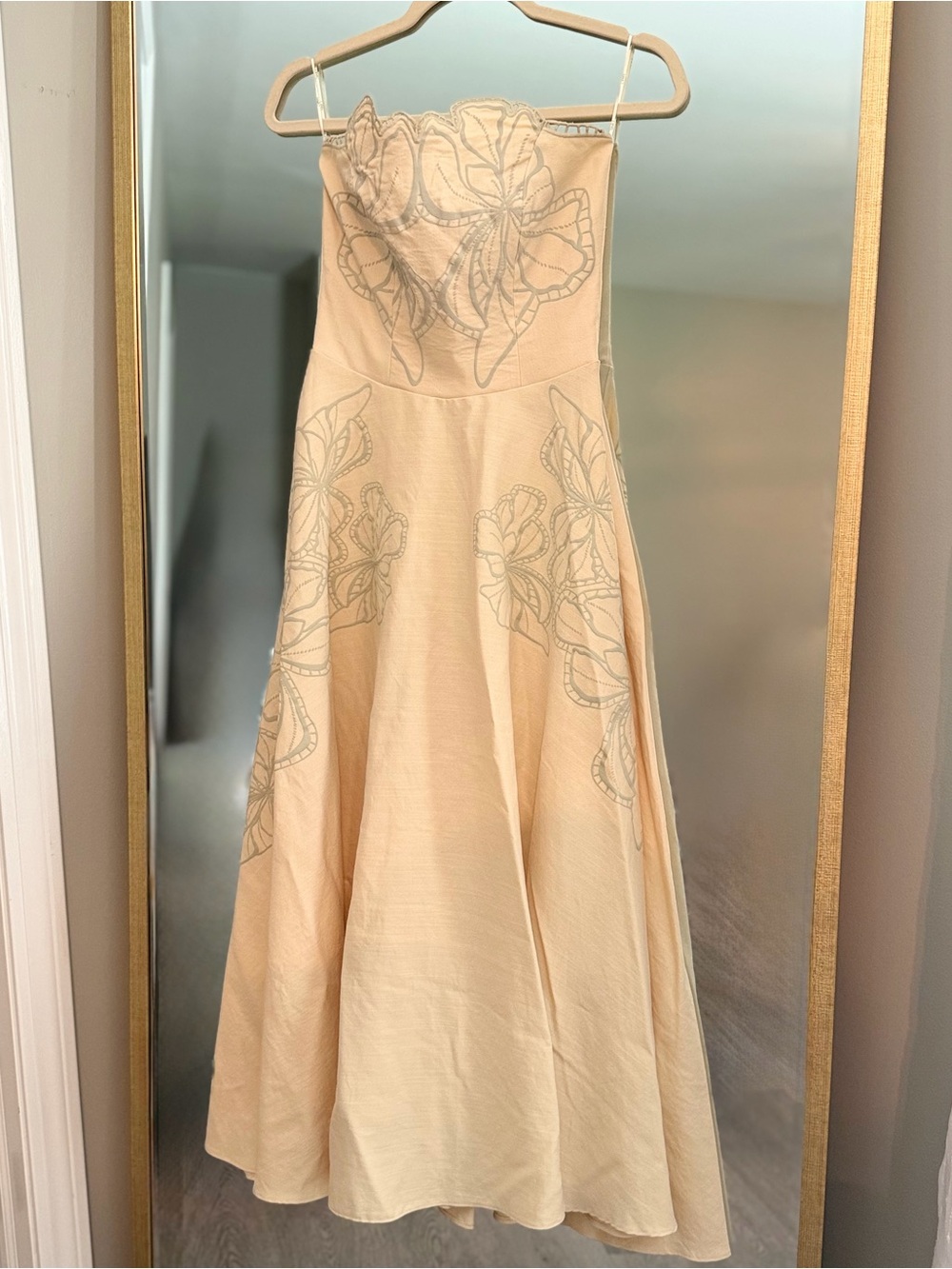 Strapless Cream Floral Embroidered Midi Dress